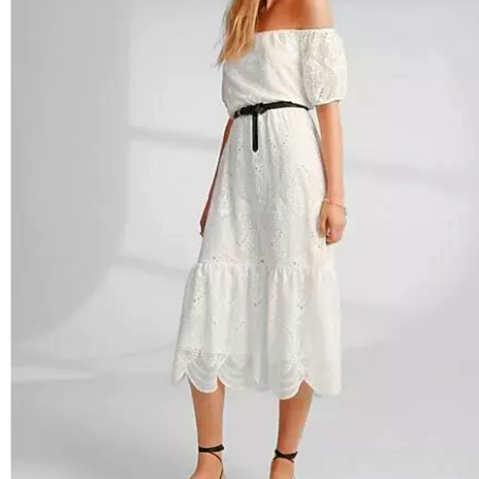 Express White Cotton Eyelet Floral Lace Off-The-Shoulder Chiffon Midi Dress